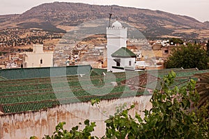 Cityscape of the Fez city, Morocco with the green roof of the University of al-Qarawiyyin