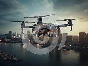 Cityscape with flying drone over water