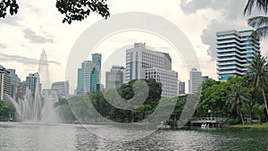 Cityscape: fountain, palm trees, lake and skyscrapers. Modern city building next to a green Park, ecology concept