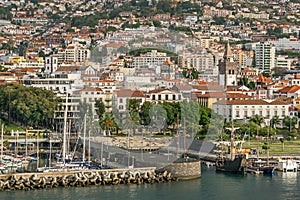 Cityscape of Funchal, Funchal bay and functional replica of Columbus` flagship Santa MarÃ­a in Madeira