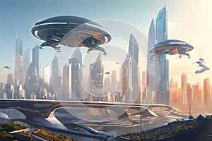 cityscape of futuristic city, with hovercars and flying vehicles traversing the skyline photo