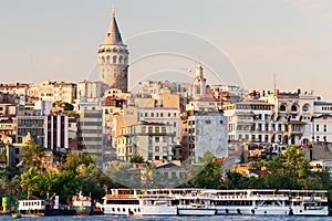 Cityscape with Galata Tower at sunset in Istanbul