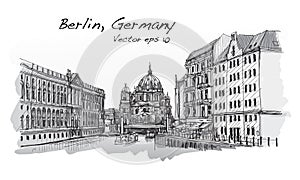 Cityscape in Germany. Berlin Cathedral. Old building hand drawn