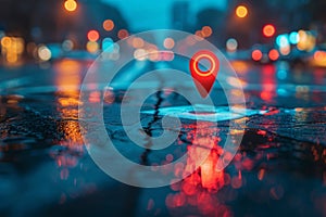 A cityscape with a glowing blue dot that is a GPS location marker