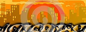 Cityscape graffito at sunset