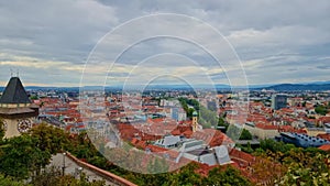 Cityscape of Graz and the Clock Tower (Grazer Uhrturm), famous tourist attraction in Graz, Steiermark, Austria, in