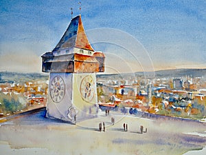 Grazer Uhrturm watercolors painted photo