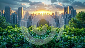 Cityscape with green bush and sunset sky background, natural eco city landscape