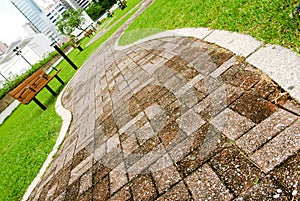 Cityscape of green park with curve way acrossed