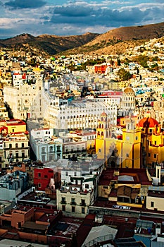 Cityscape of Guanajuato city with the Basilica of Our Lady of Guanajuato, Mexico