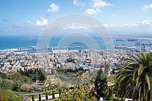 The cityscape of Haifa city and metropolitan area. Panoramic view of the Bahai gardens