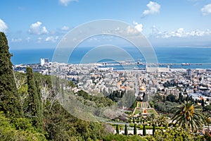 The cityscape of Haifa city and metropolitan area. Panoramic view of the Bahai gardens