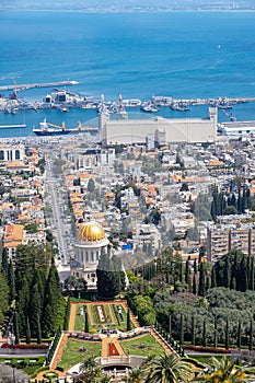 The cityscape of Haifa city and metropolitan area. Panoramic view of the Bahai gardens