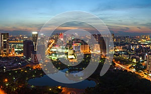 Cityscape of Hanoi skyline at Cau Giay park during sunset time in Hanoi city, Vietnam