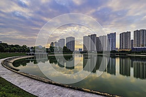 Cityscape of Hanoi skyline at Thanh Xuan park during sunset time in Hanoi city