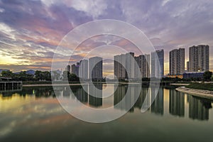 Cityscape of Hanoi skyline at Thanh Xuan park during sunset time in Hanoi city