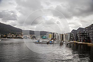 Cityscape of a harbor in Bergen, Norway.