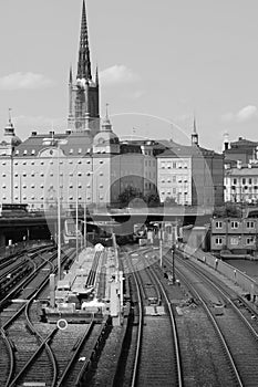 Cityscape with high tower and railways in Stockholm