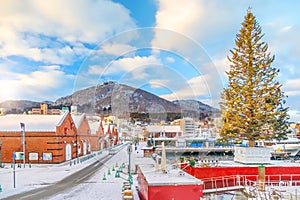 Cityscape of the historic red brick warehouses  at twilight in Hakodate Hokkaido Japan in winter