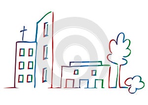 Cityscape, group of houses and tree. Doodle.
