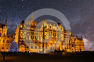 Cityscape image of Budapest, capital city of Hungary with Hungarian Parliament Building at night