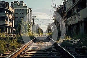 A cityscape image featuring decaying buildings, overgrown vegetation, and a sense of abandonment, illustrating the theme of urban