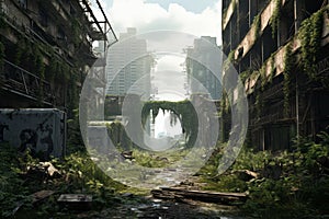 A cityscape image featuring decaying buildings, overgrown vegetation, and a sense of abandonment, illustrating the theme of urban