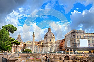 Cityscape with Imperial Forum, Trajanâ€™s Column and Santa Maria di Loreto Church in Rome, Italy