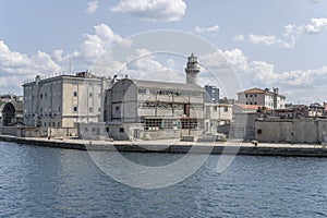 cityscape with industrial buildings at Teresiano pier, Trieste, Friuli, Italy