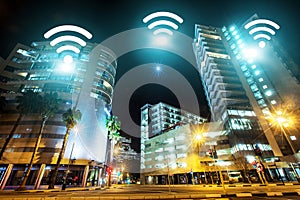 Cityscape, internet and night, wireless connectivity with building, technology abstract and communication online