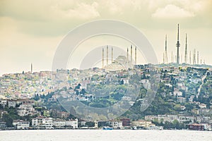 Cityscape of Istanbul with ancient mosques and the old city in mid noon,talk photo on cruise