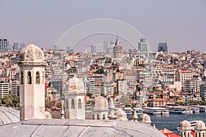 Cityscape of Istanbul at Golden Horn. Panorama of the old town with Galata tower in Karakoy District, Turkey. Touristic Destinatio