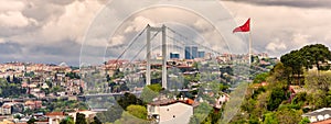 Cityscape of Istanbul, Turkey from Pervititch Seyir Park, including traditional houses and Bosphorus Bridge