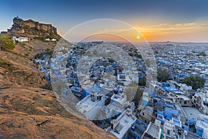 Cityscape of Jodhpur at sunrise in Rajasthan, India.