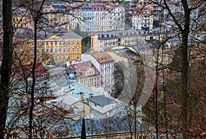 Cityscape of Karlovy Vary from the hill in the late autumn