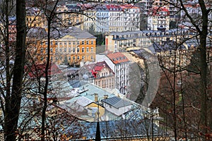 Cityscape of Karlovy Vary from the hill in the late autumn