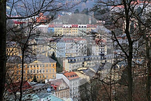 Cityscape of Karlovy Vary from the hill in the late autumn