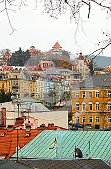 Cityscape of Karlovy Vary in the late autumn time, Czech Republic