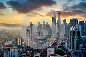 Cityscape of Kuala Lumpur city skyline at sunset in Malaysia