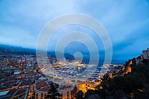 Cityscape of La Condamine at night, Monaco. Principality of Mona