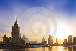 Cityscape and Landscape of downtown Moscow with Modern skyscrapers, office building and Moskva river over Sunrise sky, Moscow City