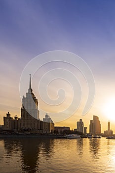 Cityscape and Landscape of downtown Moscow with Modern skyscrapers, office building and Moskva river over Sunrise sky, Moscow City