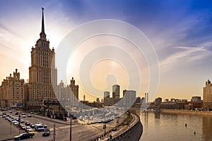Cityscape and Landscape of downtown Moscow with Modern skyscrapers, office building and Moskva river over Sunrise sky, Moscow Cit