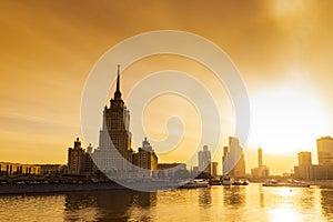 Cityscape & Landscape of downtown Moscow with Modern skyscrapers, office building and Moskva river over Sunrise sky, Moscow City