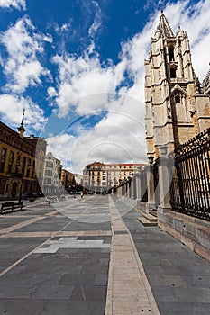 Cityscape of Leon with gotich cathedral and pedrestrian square