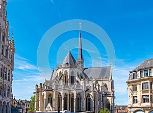 Cityscape of Leuven, Belgium. Beautiful historical buildings, with their famous facades and Saint Peter`s Church