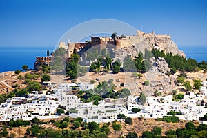 Cityscape of Lindos village and ancient Acropolis