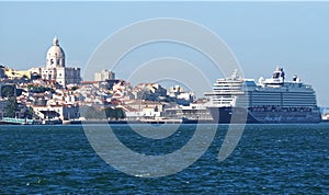 Beautiful cityscape panorama of Lisbon seen from Tejo river with Mein ship cruise ship