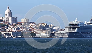 Beautiful cityscape panorama of Lisbon seen from Tejo river with Mein ship cruise ship