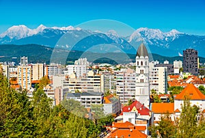 Cityscape of Ljubljana with picturesque snowy Alps in the background, Slovenia